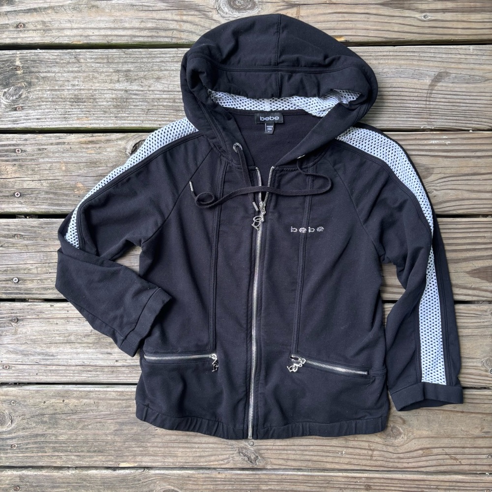 Bebe Zip Fromt Hoodie with Rhinestones and Mesh
